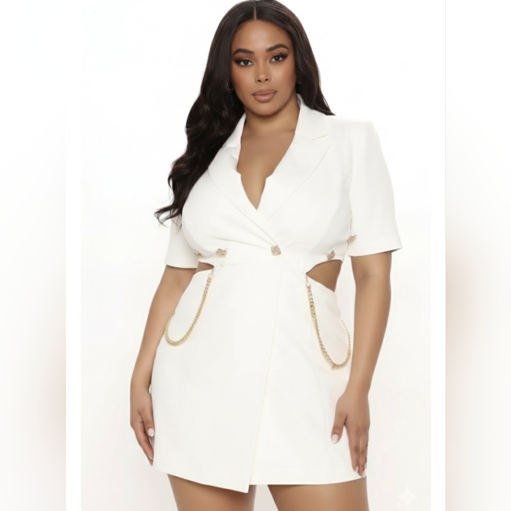 Chic Off-white Blazer Romper with Gold Chain Accents